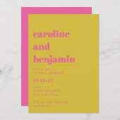 Helderroze gele eenvoudige, moderne bruiloft kaart (Voorkant / Achterkant)