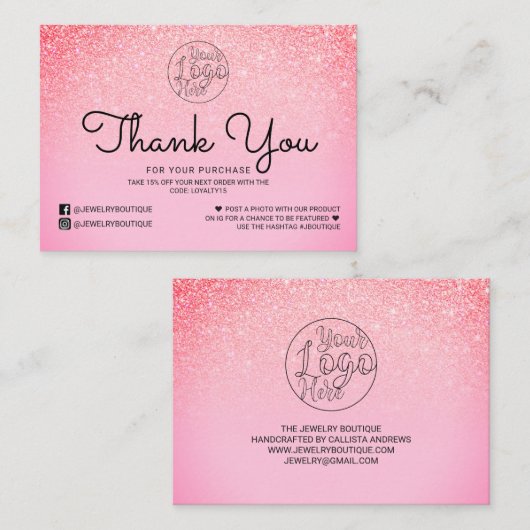 Helderroze Glitter Ombre klant Dank u Visitekaartje (Voorkant / Achterkant)