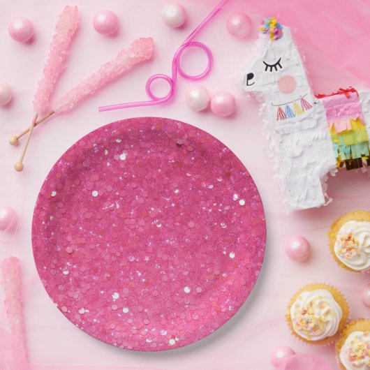 Helderroze Glitter Papieren Bordje (Feest)
