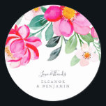 Helderroze groene Floral Aangepaste bruiloft Dank  Ronde Sticker<br><div class="desc">Helderroze groene Floral Aangepaste bruiloft Dank u Klassieke ronde Sticker</div>