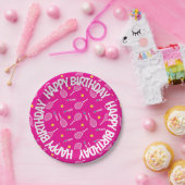 Helderroze, ik hou van tennis, Happy Birthday Papieren Bordje (Feest)