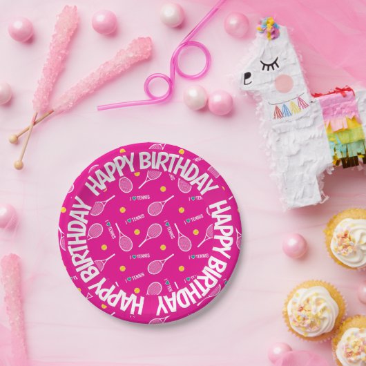 Helderroze, ik hou van tennis, Happy Birthday Papieren Bordje (Feest)