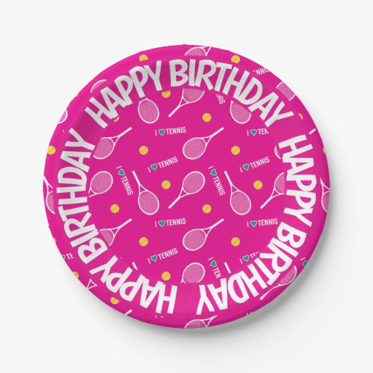 Helderroze, ik hou van tennis, Happy Birthday Papieren Bordje (Voorkant)