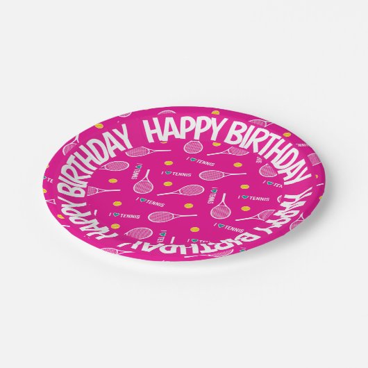 Helderroze, ik hou van tennis, Happy Birthday Papieren Bordje (Gekanteld)