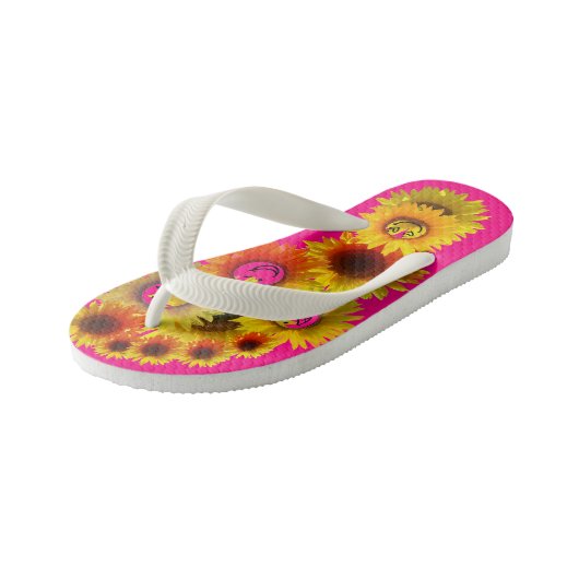 Helderroze Kinder Unisex Zonnebloem Teenslippers (Schuin)