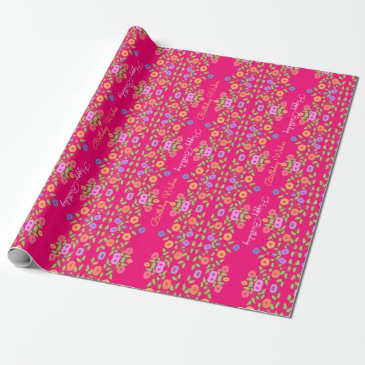 Helderroze kleurige Floral Cadeaupapier (Uitgerold)