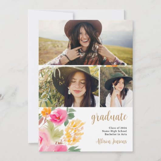 Helderroze kleurrijk Bloemengoud afstuderen Kaart (Achterkant)