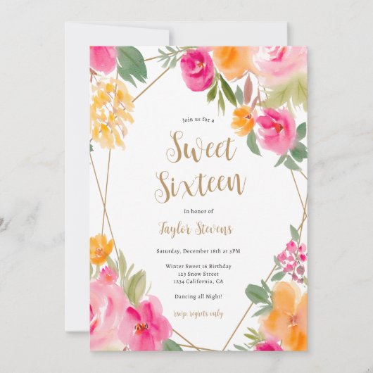 Helderroze kleurrijke Floral illustratie Sweet 16 Kaart (Voorkant)