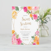 Helderroze kleurrijke Floral illustratie Sweet 16 Kaart (Staand voorkant)