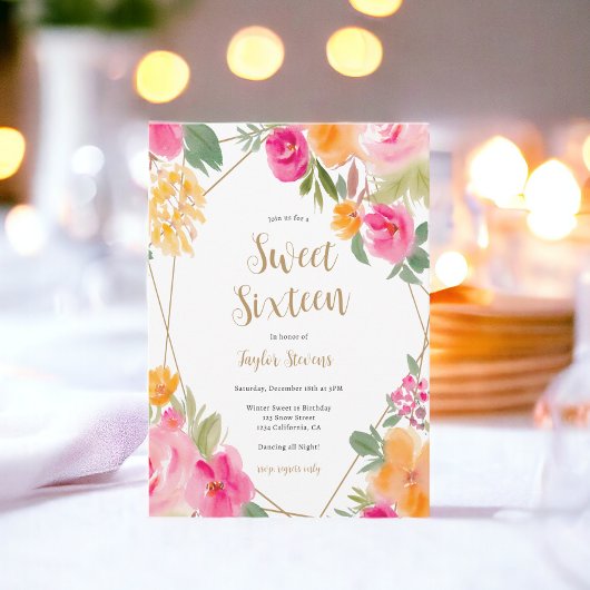 Helderroze kleurrijke Floral illustratie Sweet 16 Kaart