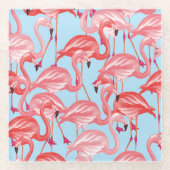 Helderroze lamingos op blauw 2 glazen onderzetter (Voorkant)