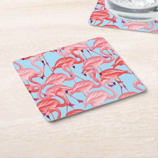 Helderroze lamingos op blauw 2 kartonnen onderzetters (Schuin)