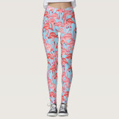 Helderroze lamingos op blauw 2 leggings (Voorkant)