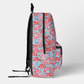 Helderroze lamingos op blauw bedrukte rugzak (Links)