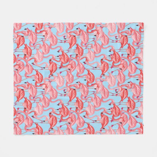 Helderroze lamingos op blauw fleece deken (Voorkant (Horizontaal))
