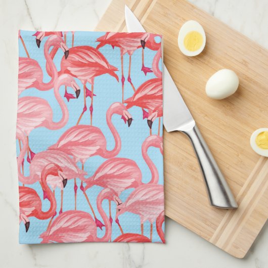 Helderroze lamingos op blauw theedoek (Quarter Fold)