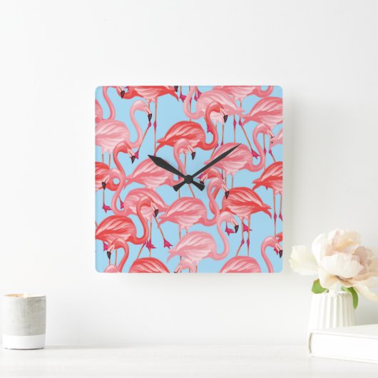 Helderroze lamingos op blauw vierkante klok (Huis)