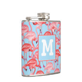 Helderroze lamingos op blauw | Voeg je Initiaal to Heupfles (Rechts)