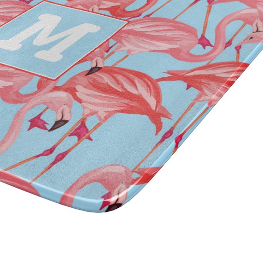 Helderroze lamingos op blauw | Voeg je Initiaal to Snijplank (Hoek)