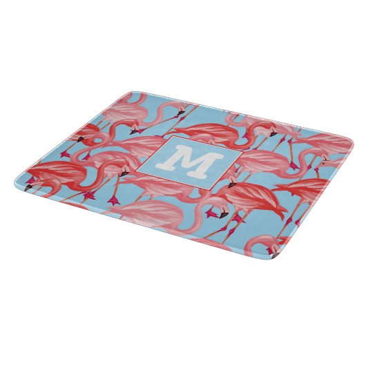 Helderroze lamingos op blauw | Voeg je Initiaal to Snijplank (Hoek)