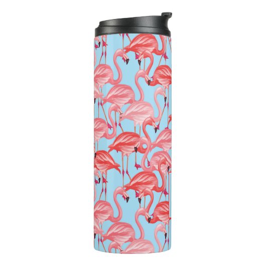 Helderroze lamingos op blauw | Voeg je Initiaal to Thermosbeker (Gedraaid links)