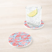 Helderroze lamingos op blauw zandsteen onderzetter (Zijkant)