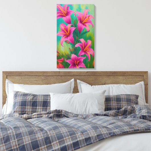 Helderroze lenzen op groen digitaal olieschilderen canvas afdruk (Insitu (Slaapkamer))