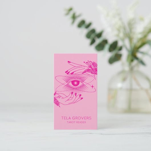 Helderroze, moderne mystieke tarotlezer visitekaartje (Staand voorkant)