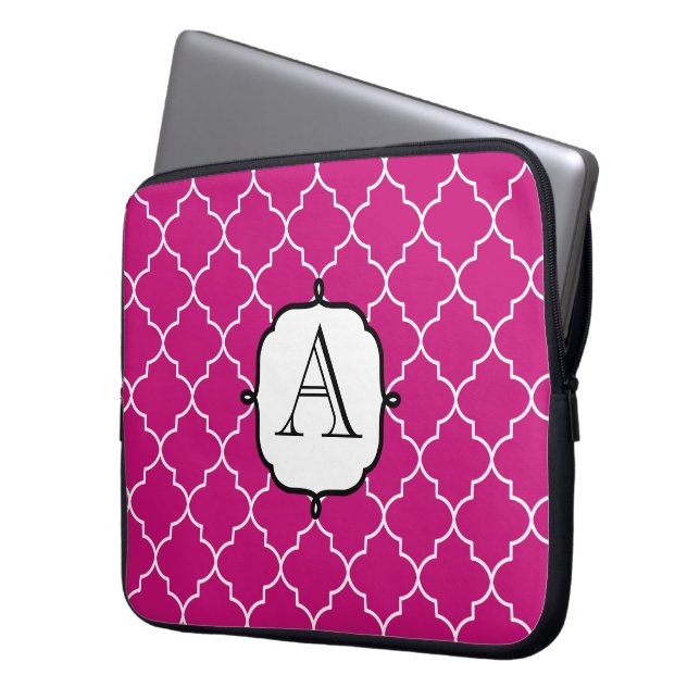Helderroze monogram laptophoes laptop sleeve (Voorkant Links)