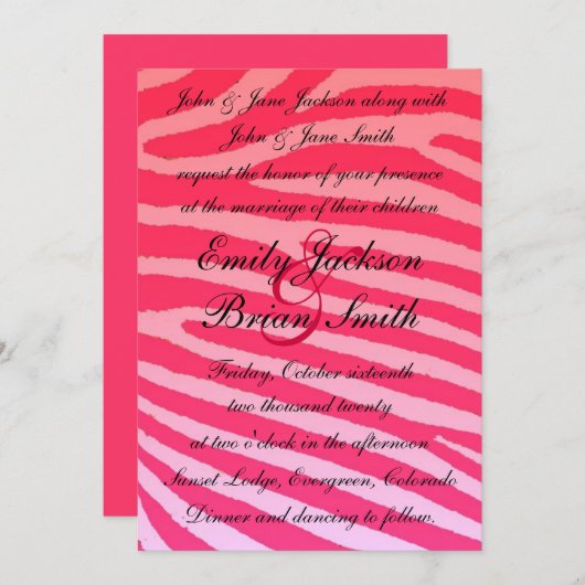 Helderroze neon zebra strepen trouwuitnodigingen kaart (Voorkant / Achterkant)