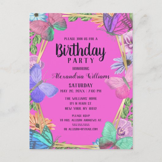 Helderroze Paarse bloemvlinder Verjaardag Uitnodiging Briefkaart (Voorkant)