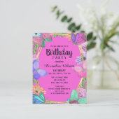 Helderroze Paarse bloemvlinder Verjaardag Uitnodiging Briefkaart (Staand voorkant)