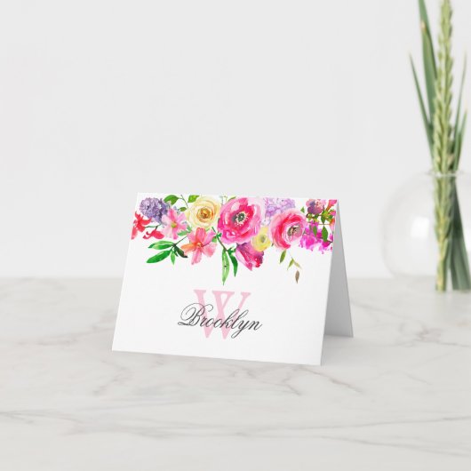 Helderroze Paarse Floral Monogrammed Note Kaart (Voorkant)