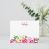 Helderroze Paarse Floral Monogrammed Note Kaart (Staand voorkant)