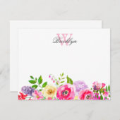 Helderroze Paarse Floral Monogrammed Note Kaart (Voorkant / Achterkant)
