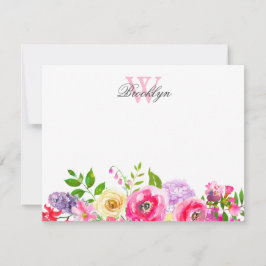 Helderroze Paarse Floral Monogrammed Note Kaart