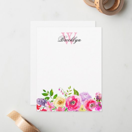 Helderroze Paarse Floral Monogrammed Note Kaart Notitiekaartje (Voorkant / Achterkant in situ)