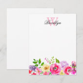 Helderroze Paarse Floral Monogrammed Note Kaart Notitiekaartje (Voorkant / Achterkant)
