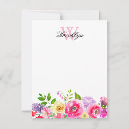 Helderroze Paarse Floral Monogrammed Note Kaart Notitiekaartje