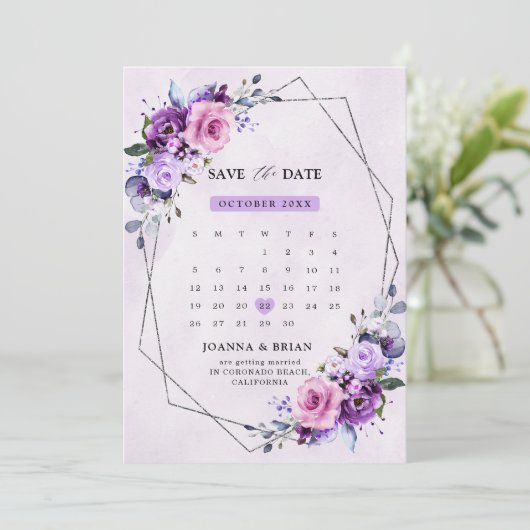 Helderroze Paarse Waterverf Flowers Save The Date (Staand voorkant)