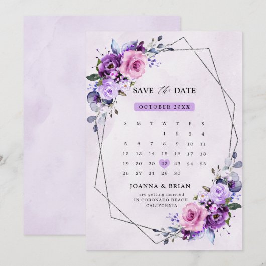 Helderroze Paarse Waterverf Flowers Save The Date (Voorkant / Achterkant)