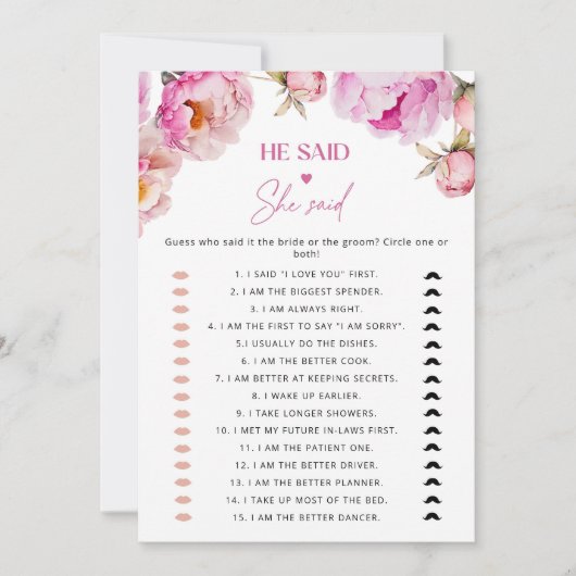 Helderroze pioen Hij zei dat ze zei bruidsspel Kaart (Voorkant)