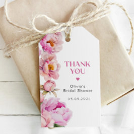 Helderroze pioen vrijgezellenfeest dank u cadeaulabel