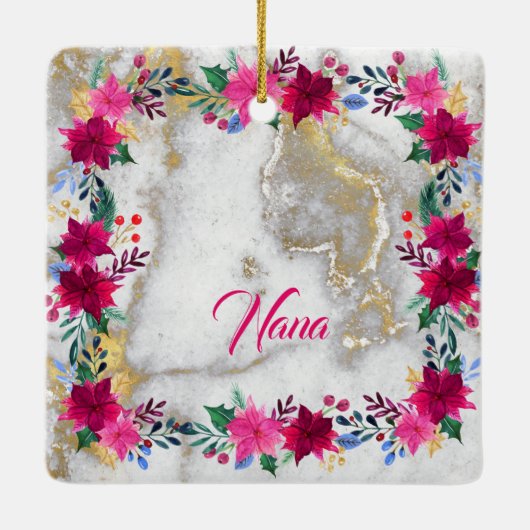 Helderroze Poinsettia op Marble Nana Keramisch Ornament (Achterkant)
