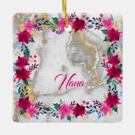 Helderroze Poinsettia op Marble Nana Keramisch Ornament (Voorkant)