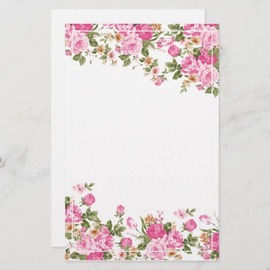 Helderroze rozen en Lijst met witte strepen Briefpapier (Voorkant / Achterkant)
