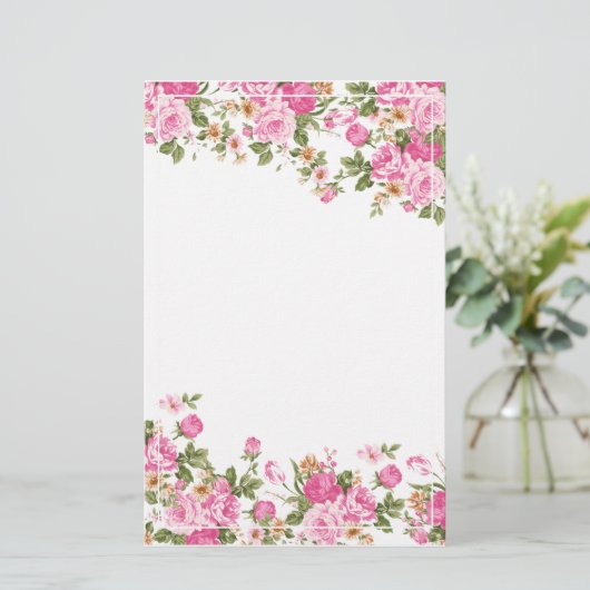 Helderroze rozen en Lijst met witte strepen Briefpapier (Staand voorkant)