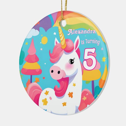Helderroze Schattigee eenhoorn verjaardag Keramisch Ornament (Links)