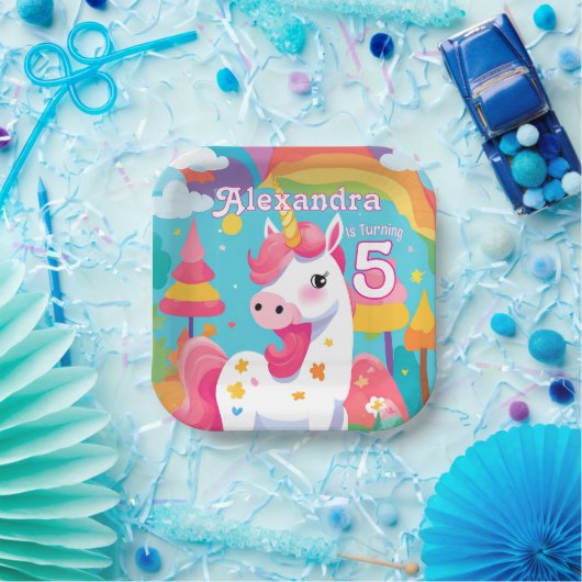 Helderroze Schattigee eenhoorn verjaardag Papieren Bordje (Feest)