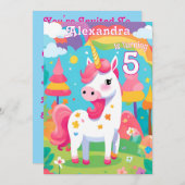 Helderroze Schattigee Eenhoorn Verjaardagsuitnodig Kaart (Voorkant / Achterkant)